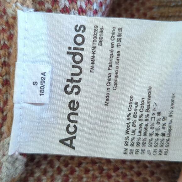 ACNE STUDIOS Brown Patterned Jacquard Knit Sweater Mens Shirt Wool Crewneck S - Picture 7 of 8